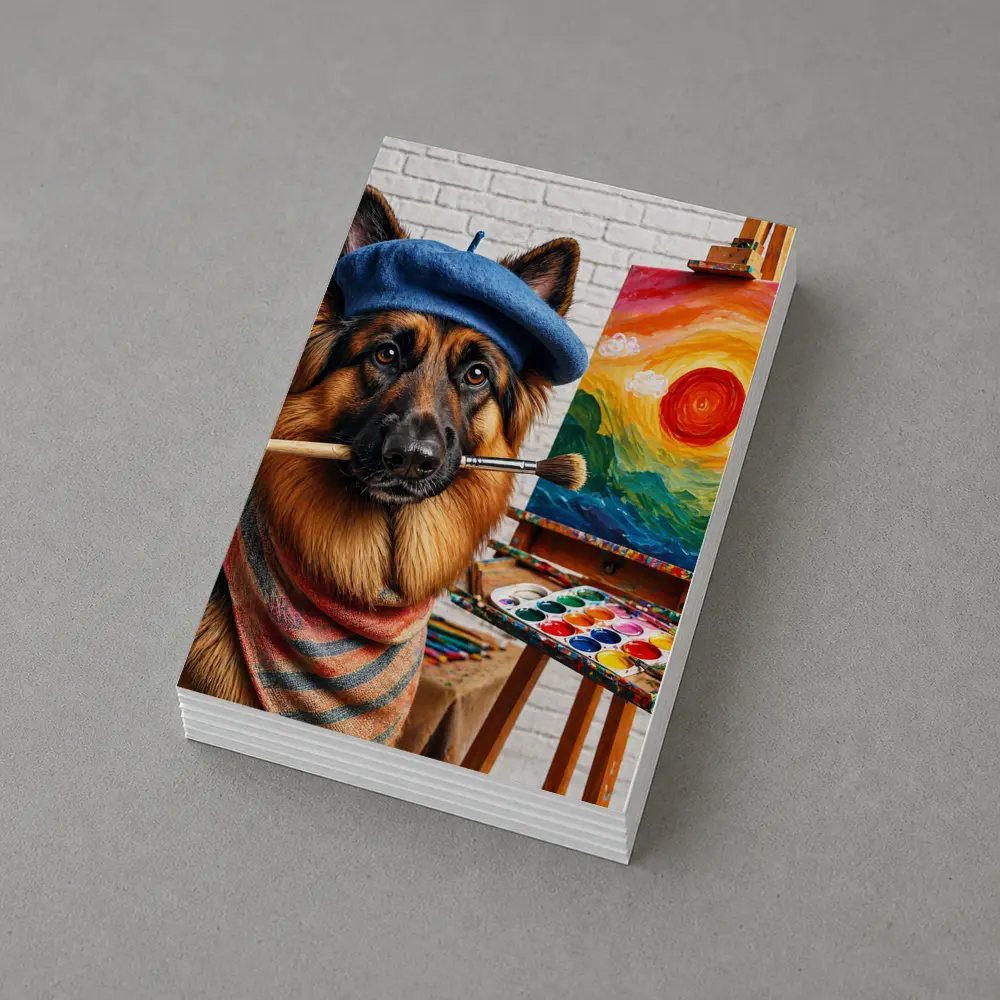 German Shepherd Artist Painting Colorful Sunset Canvas – Postcards