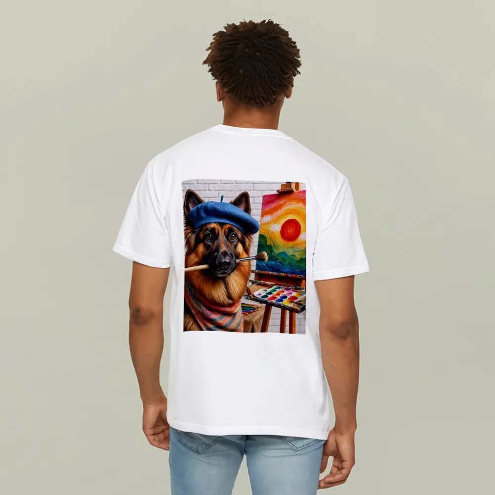 German Shepherd Artist Painting Colorful Sunset Canvas – T-Shirts