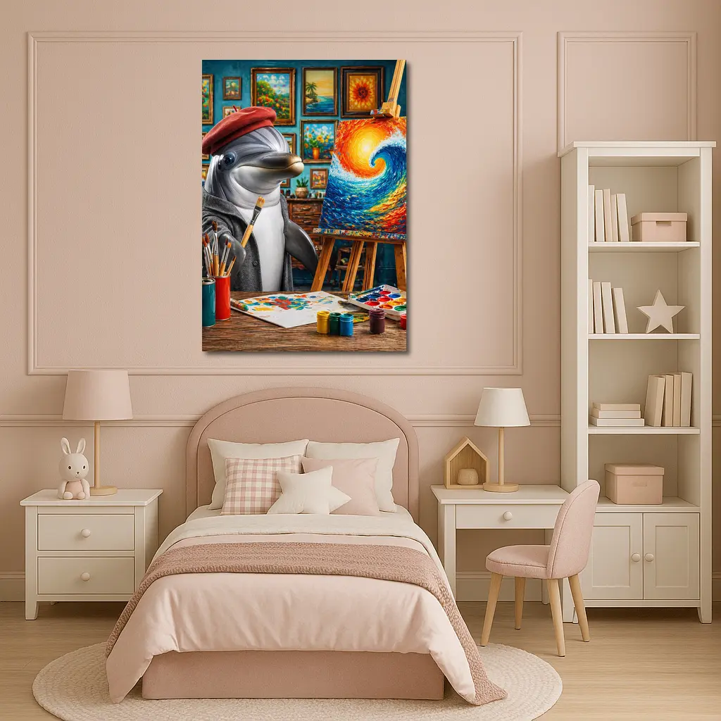 Dolphin Artist Painting Wave in Studio – Wall Art