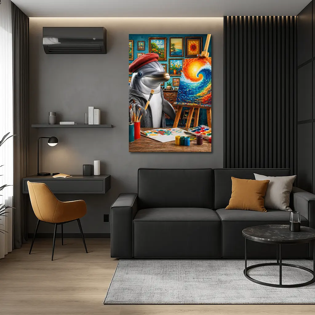 Dolphin Artist Painting Wave in Studio – Wall Art