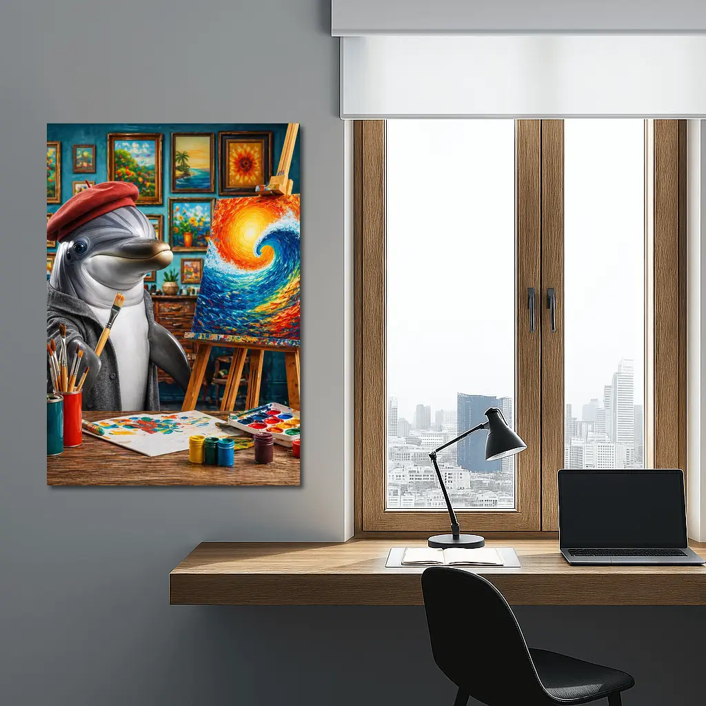 Dolphin Artist Painting Wave in Studio – Wall Art