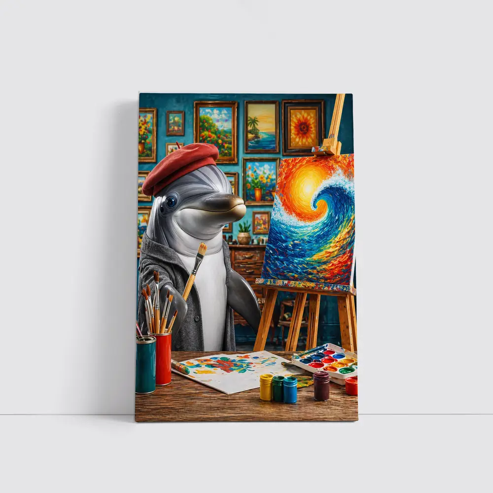 Dolphin Artist Painting Wave in Studio – Wall Art