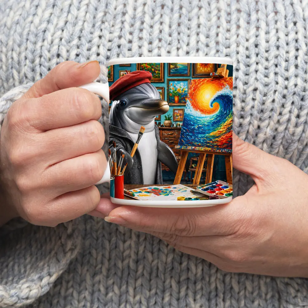 Dolphin Artist Painting Wave in Studio – Mugs