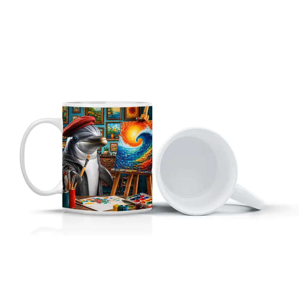 Dolphin Artist Painting Wave in Studio – Mugs