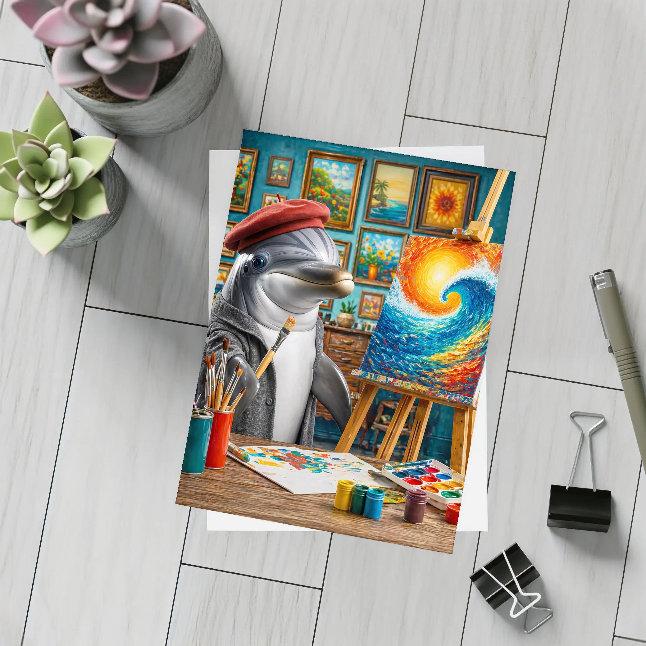 Dolphin Artist Painting Wave in Studio – Postcards