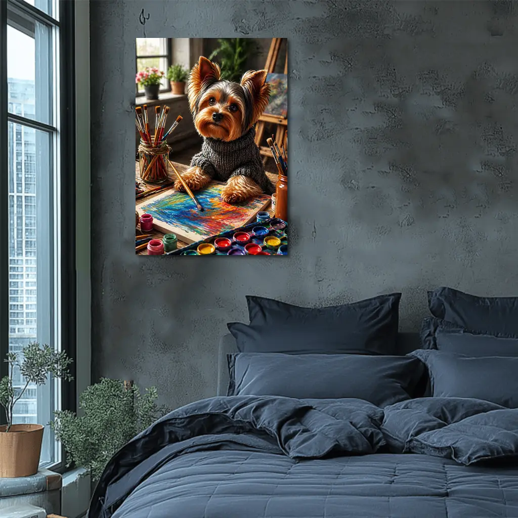 Yorkshire Terrier Artist Painting in Cozy Studio – Wall Art