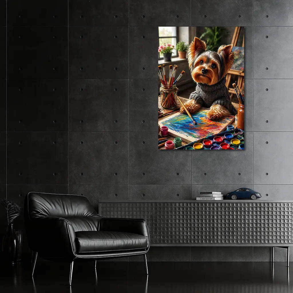 Yorkshire Terrier Artist Painting in Cozy Studio – Wall Art