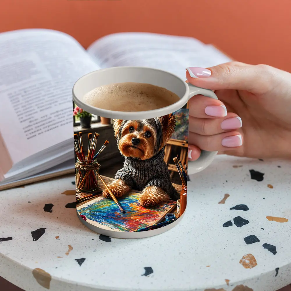 Yorkshire Terrier Artist Painting in Cozy Studio – Mugs