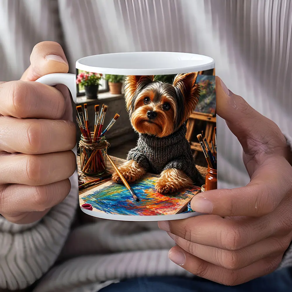 Yorkshire Terrier Artist Painting in Cozy Studio – Mugs