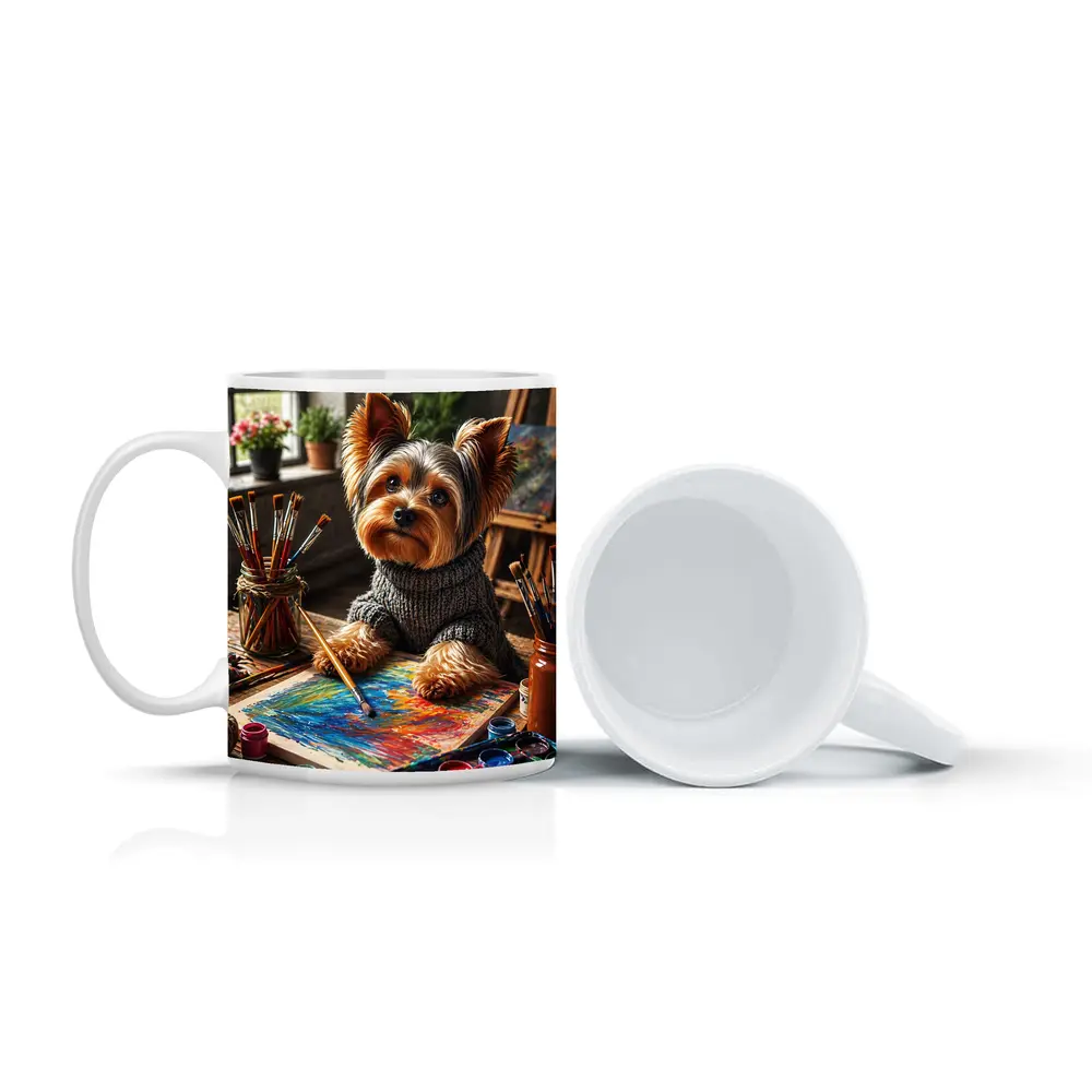 Yorkshire Terrier Artist Painting in Cozy Studio – Mugs