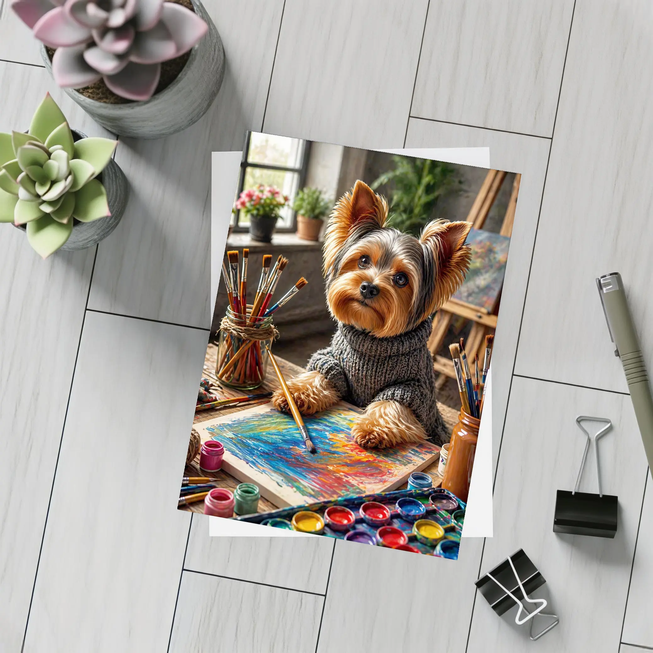 Yorkshire Terrier Artist Painting in Cozy Studio – Postcards