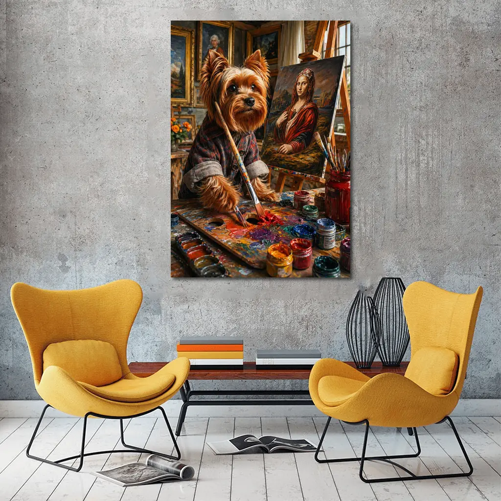 Yorkshire Terrier Artist Painting Mona Lisa – Wall Art