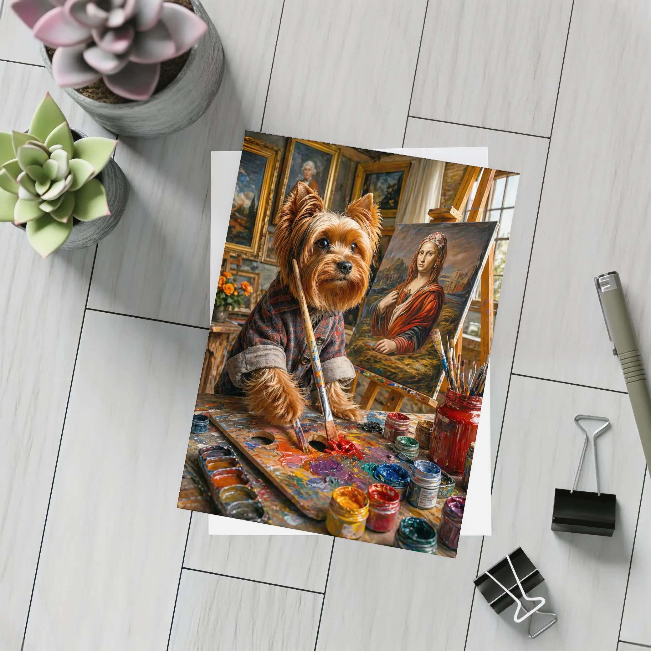 Yorkshire Terrier Artist Painting Mona Lisa – Postcards