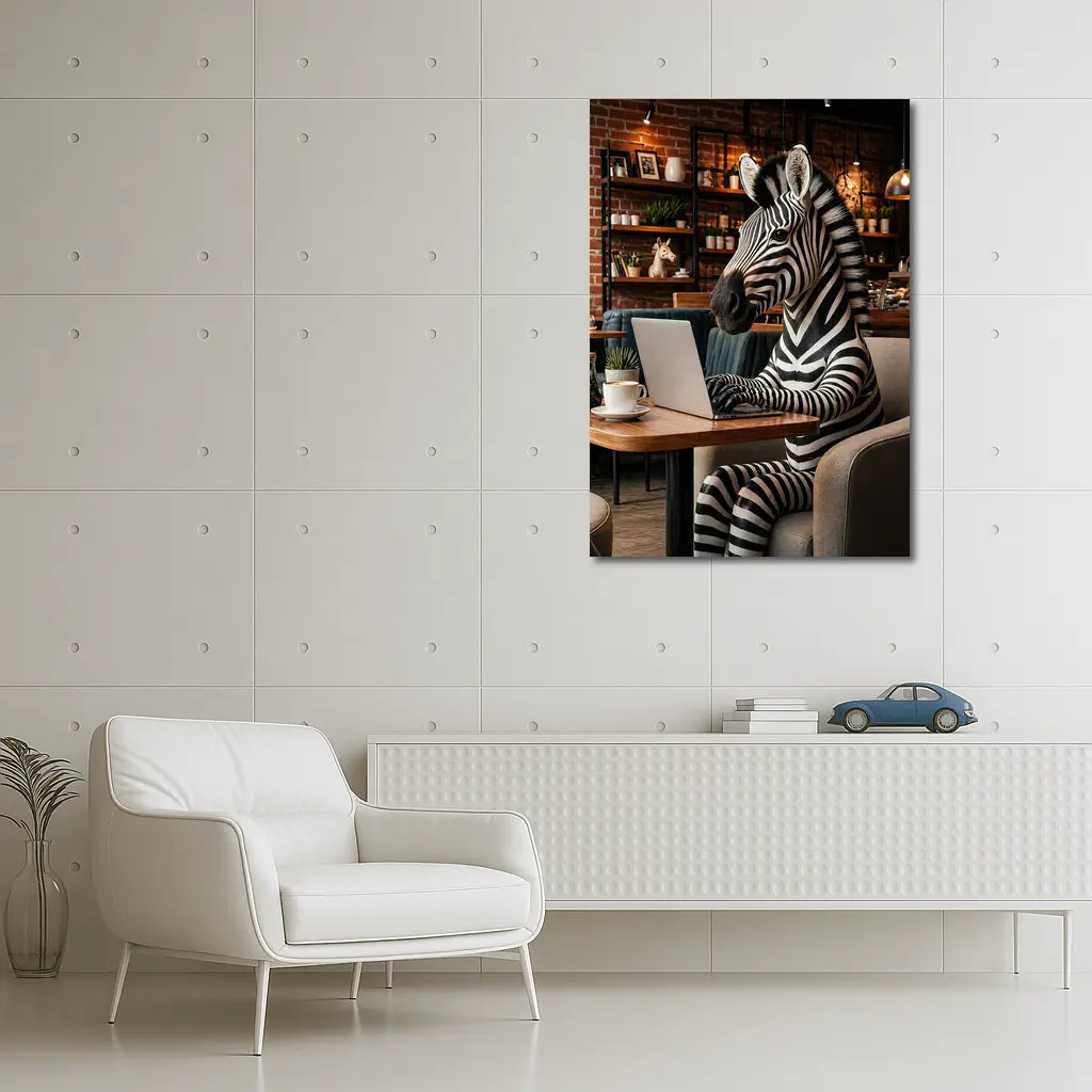 Zebra Working on Laptop in Cafe – Wall Art