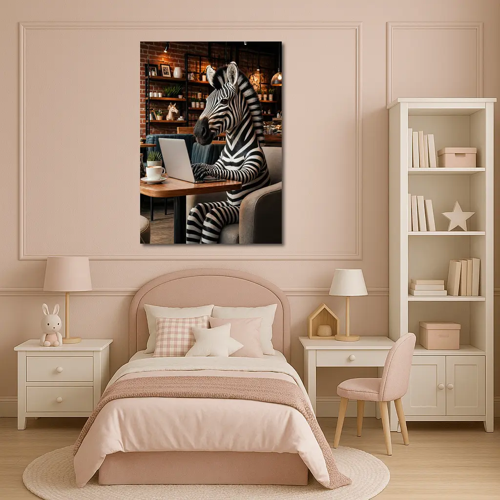 Zebra Working on Laptop in Cafe – Wall Art