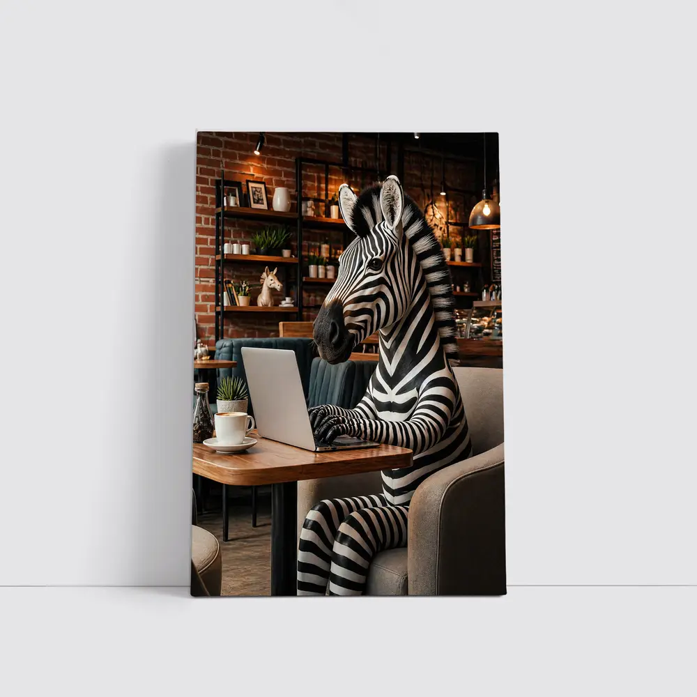 Zebra Working on Laptop in Cafe – Wall Art