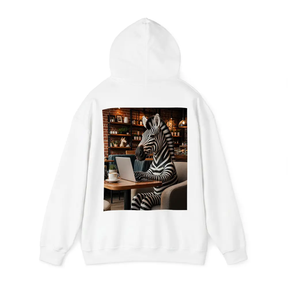 Zebra Working on Laptop in Cafe – Hoodies