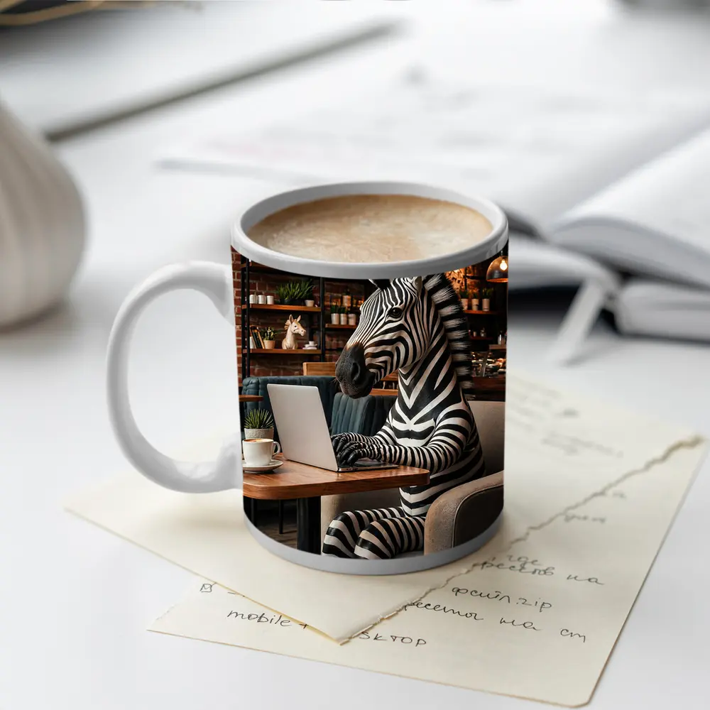 Zebra Working on Laptop in Cafe – Mugs