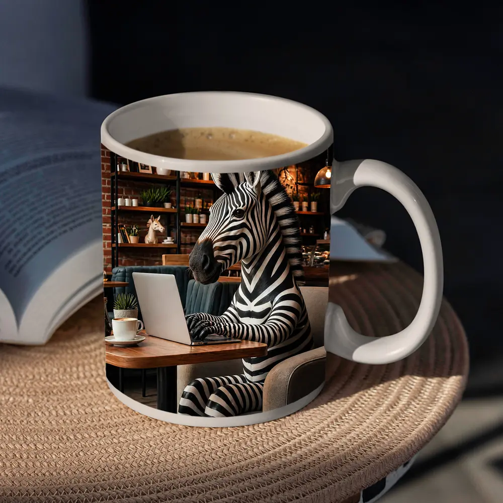 Zebra Working on Laptop in Cafe – Mugs