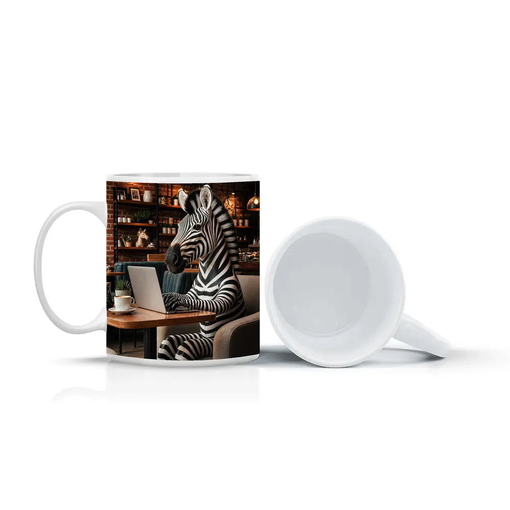 Zebra Working on Laptop in Cafe – Mugs