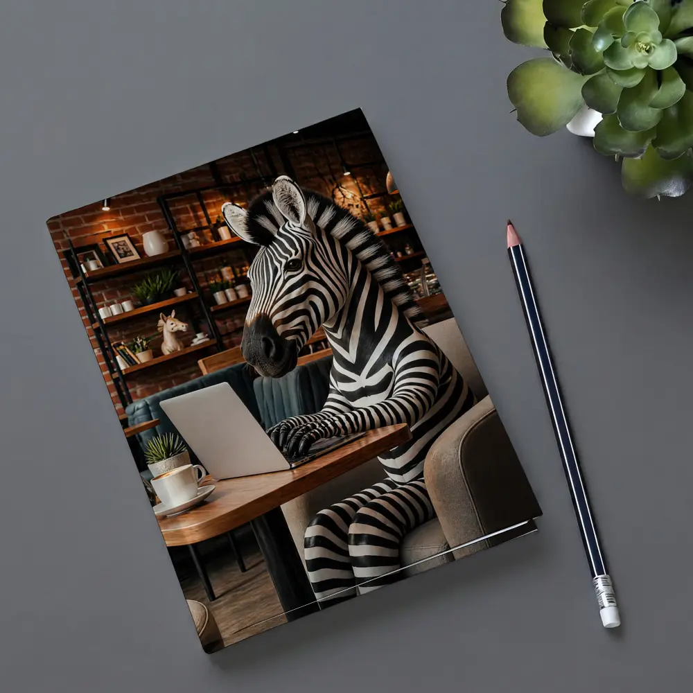 Zebra Working on Laptop in Cafe – Notebooks