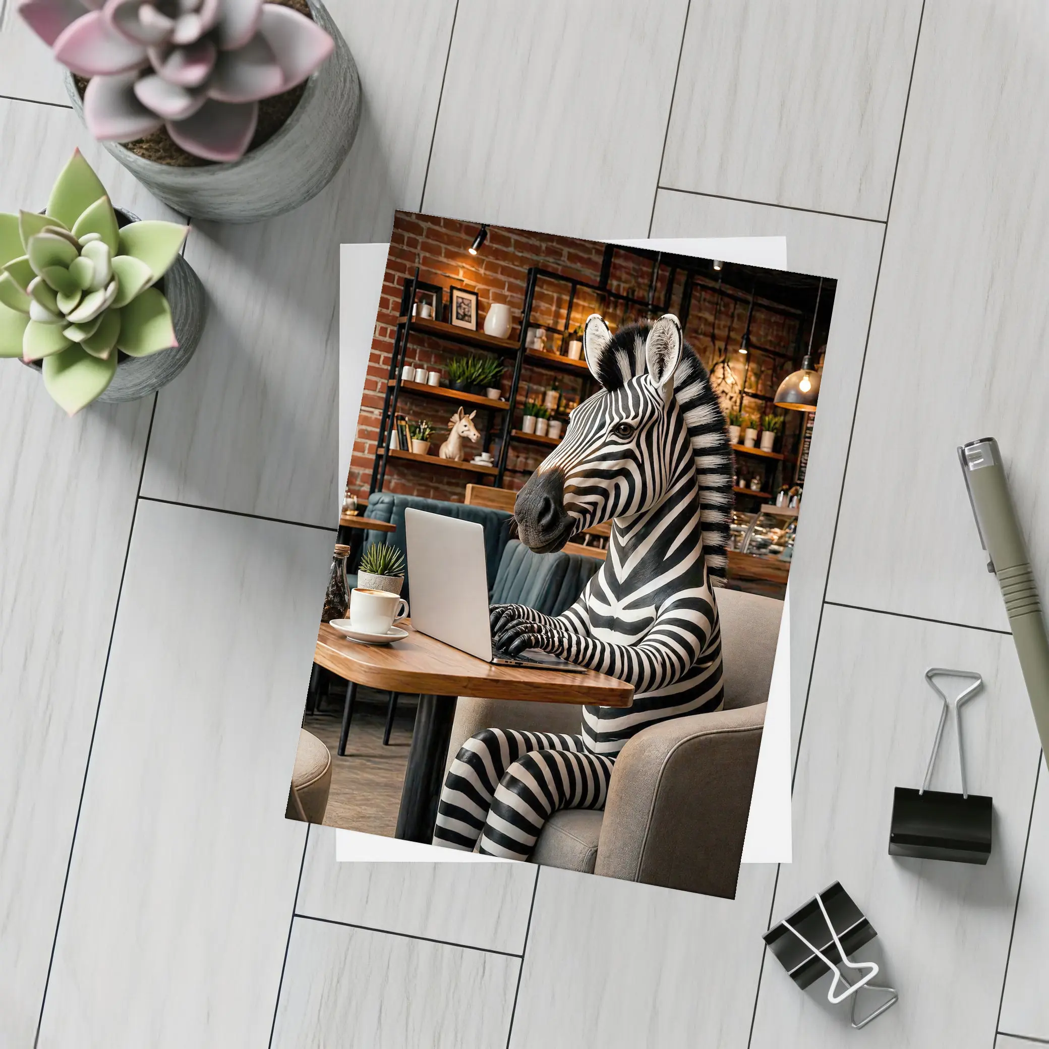 Zebra Working on Laptop in Cafe – Postcards