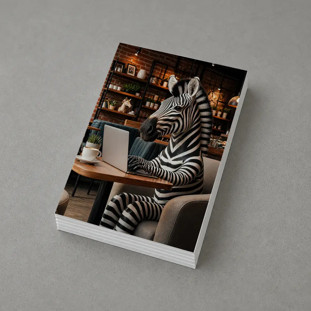 Zebra Working on Laptop in Cafe – Postcards