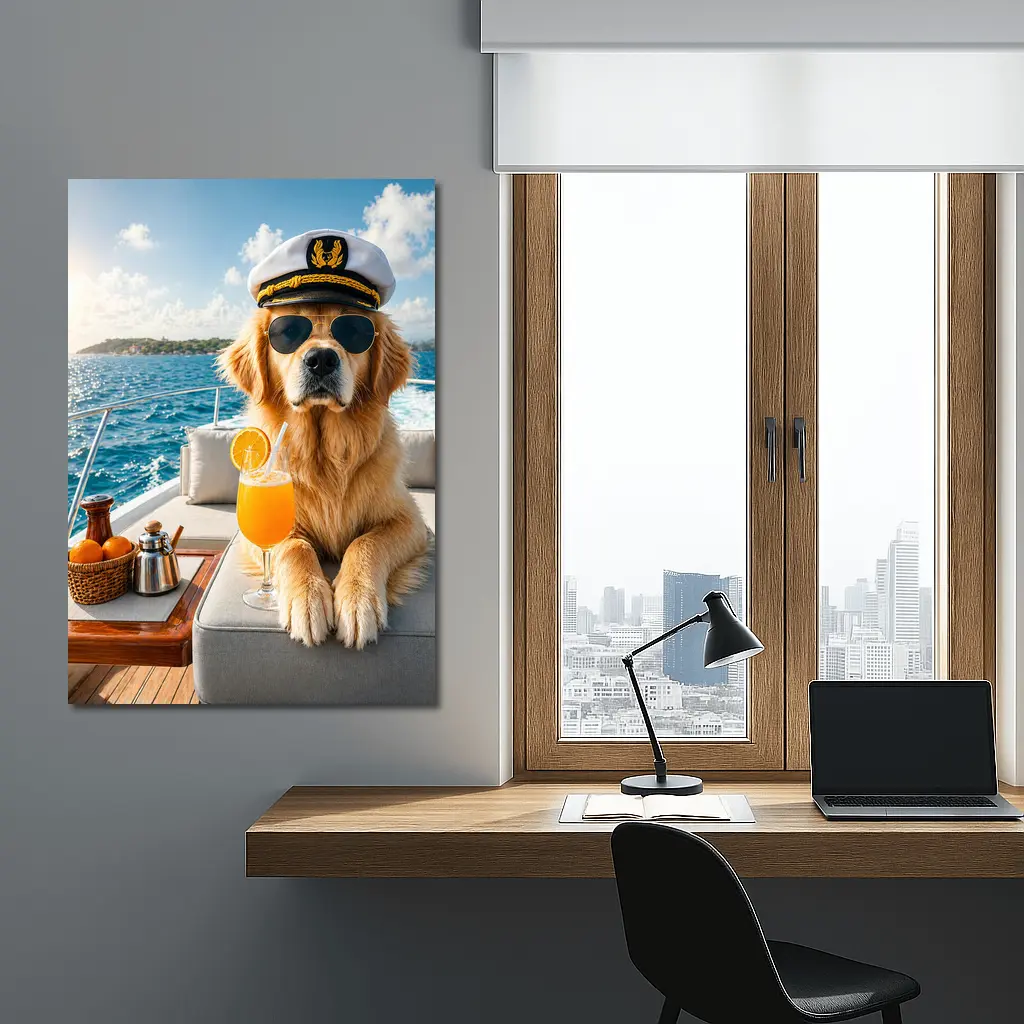 Golden Retriever Captain on Luxury Yacht – Wall Art