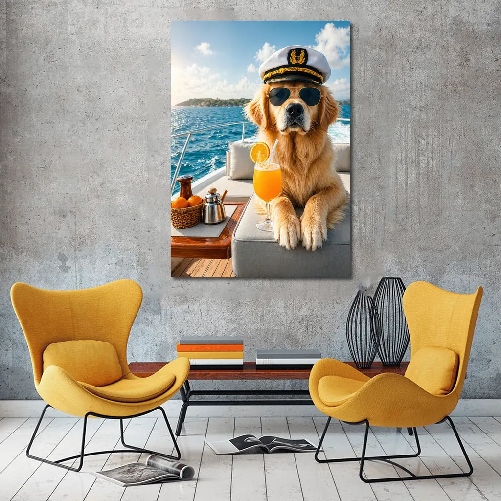 Golden Retriever Captain on Luxury Yacht – Wall Art