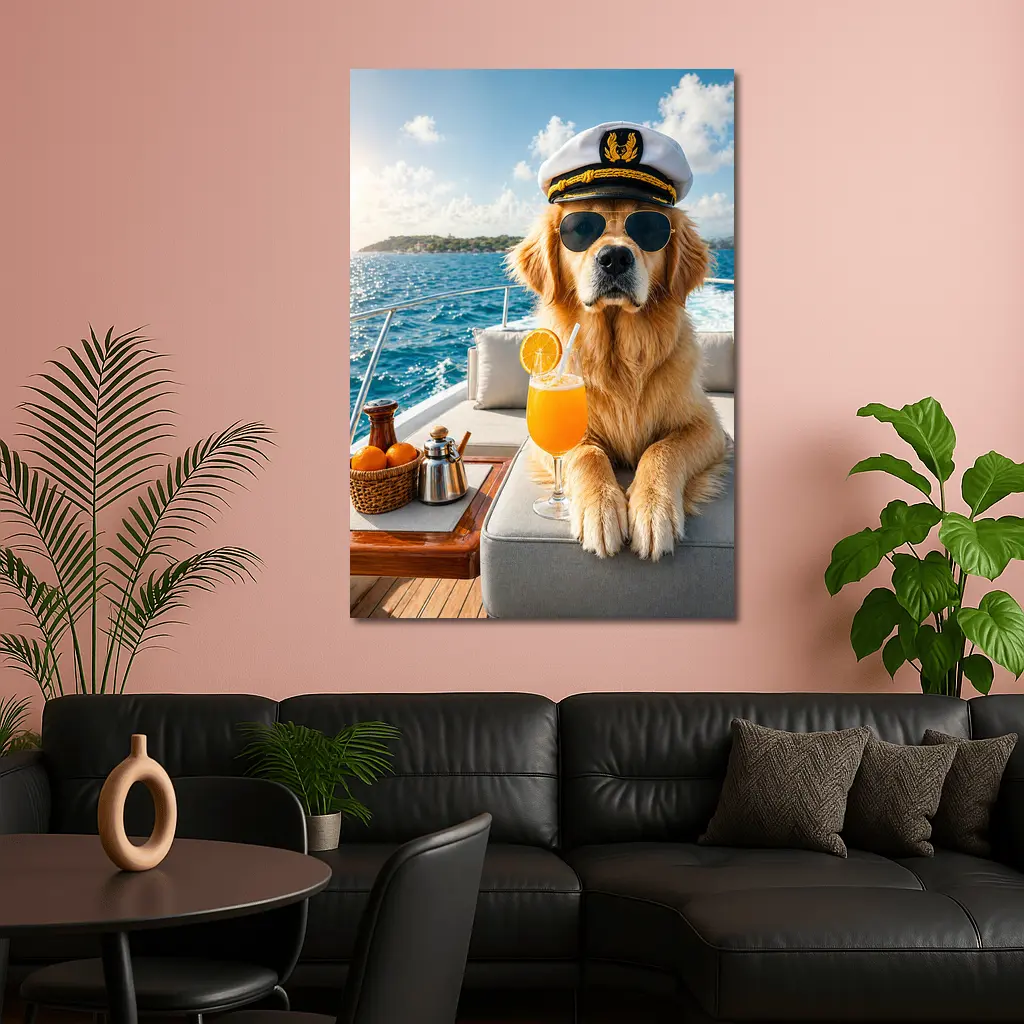 Golden Retriever Captain on Luxury Yacht – Wall Art