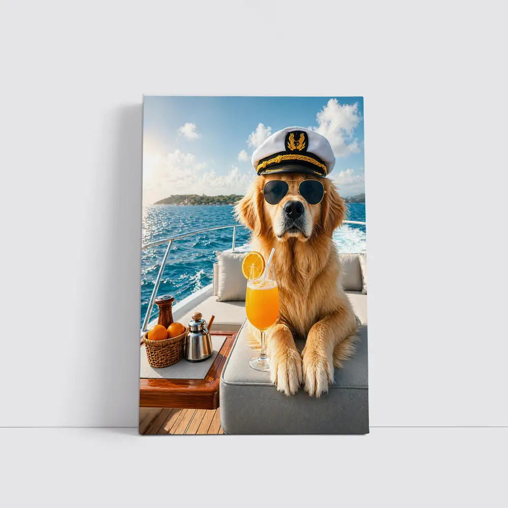 Golden Retriever Captain on Luxury Yacht – Wall Art