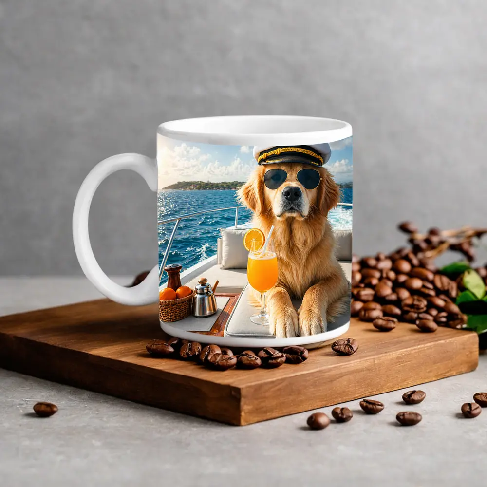 Golden Retriever Captain on Luxury Yacht – Mugs