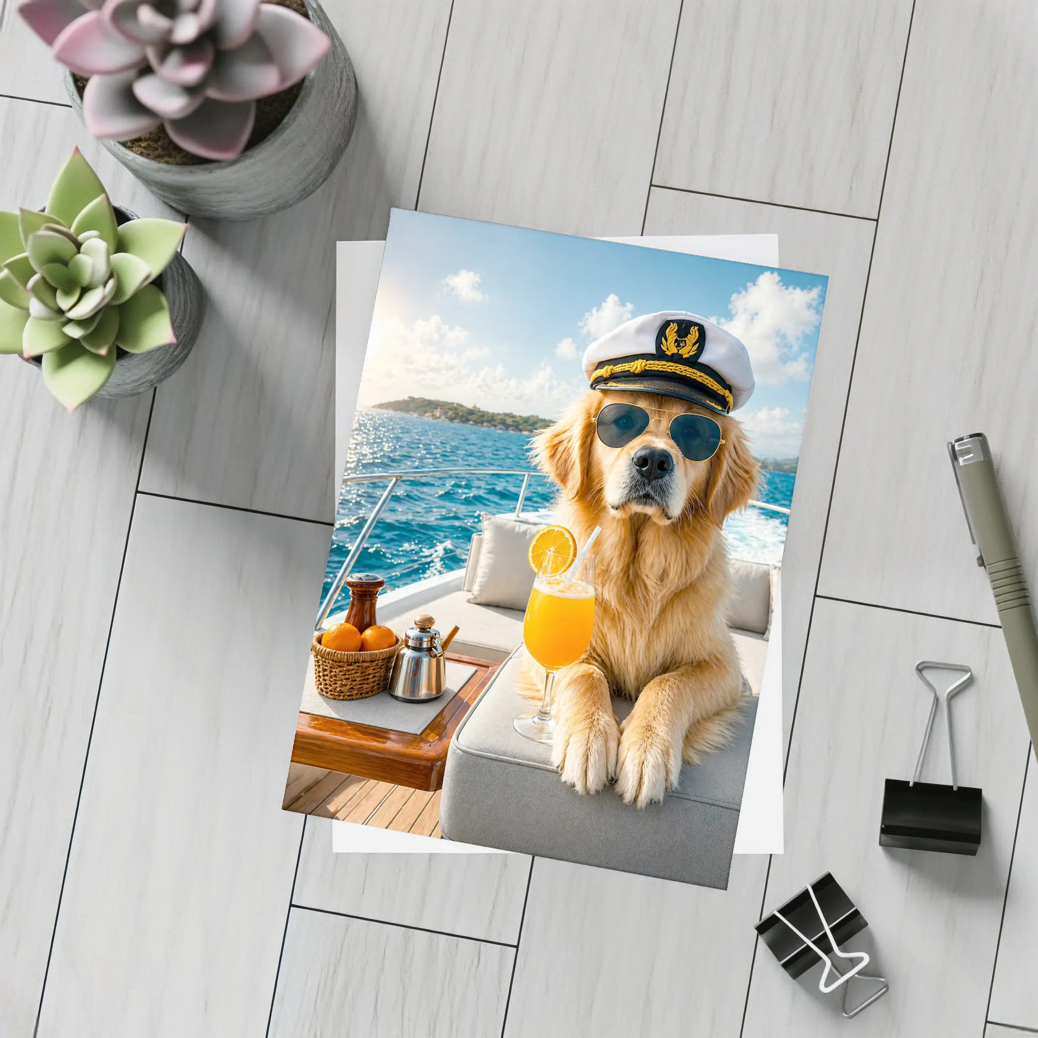 Golden Retriever Captain on Luxury Yacht – Postcards