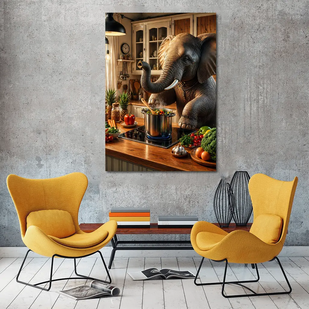 Elephant Cooking Vegetables in Cozy Kitchen – Wall Art