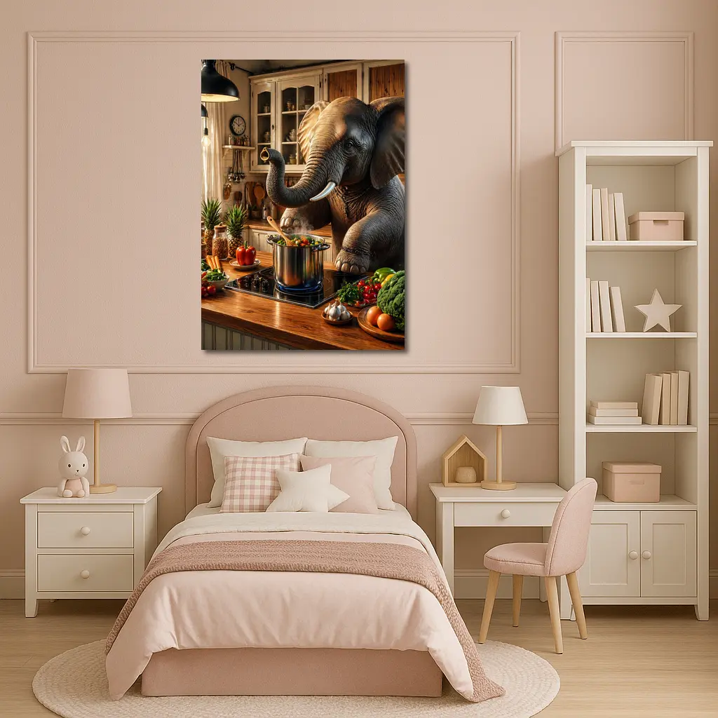 Elephant Cooking Vegetables in Cozy Kitchen – Wall Art