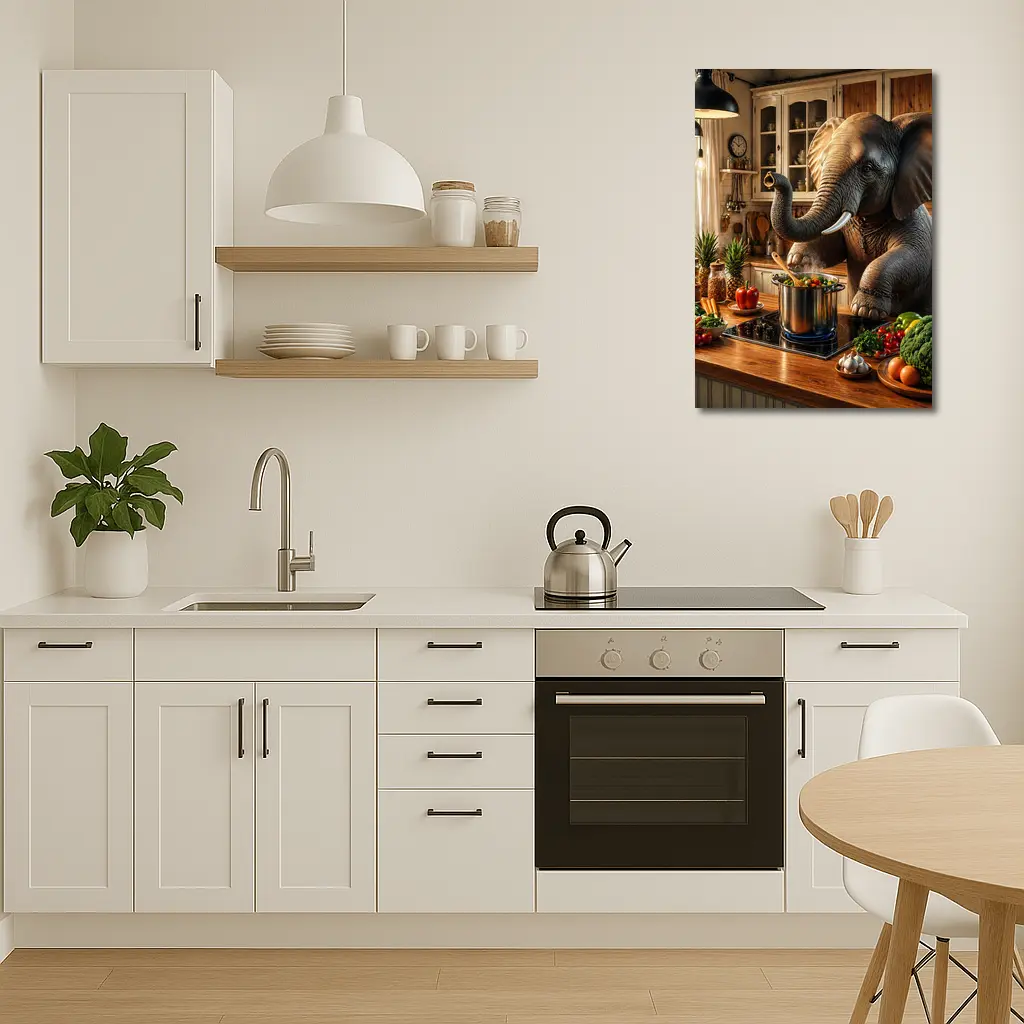 Elephant Cooking Vegetables in Cozy Kitchen – Wall Art