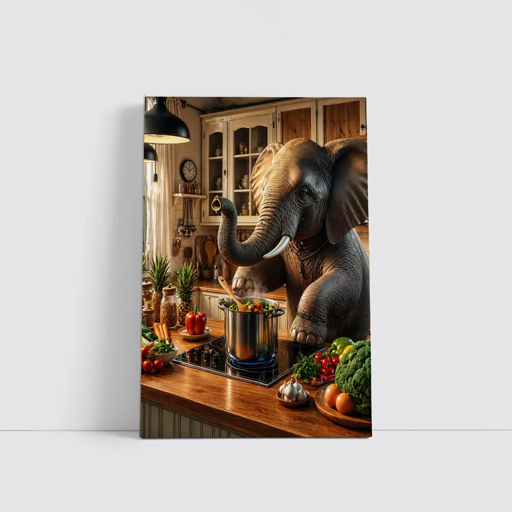 Elephant Cooking Vegetables in Cozy Kitchen – Wall Art