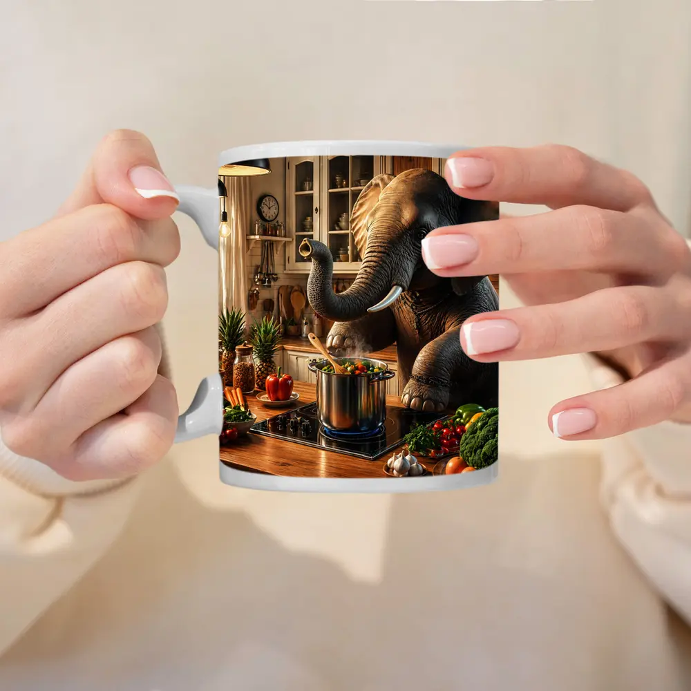 Elephant Cooking Vegetables in Cozy Kitchen – Mugs