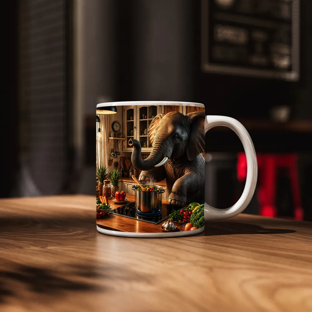 Elephant Cooking Vegetables in Cozy Kitchen – Mugs