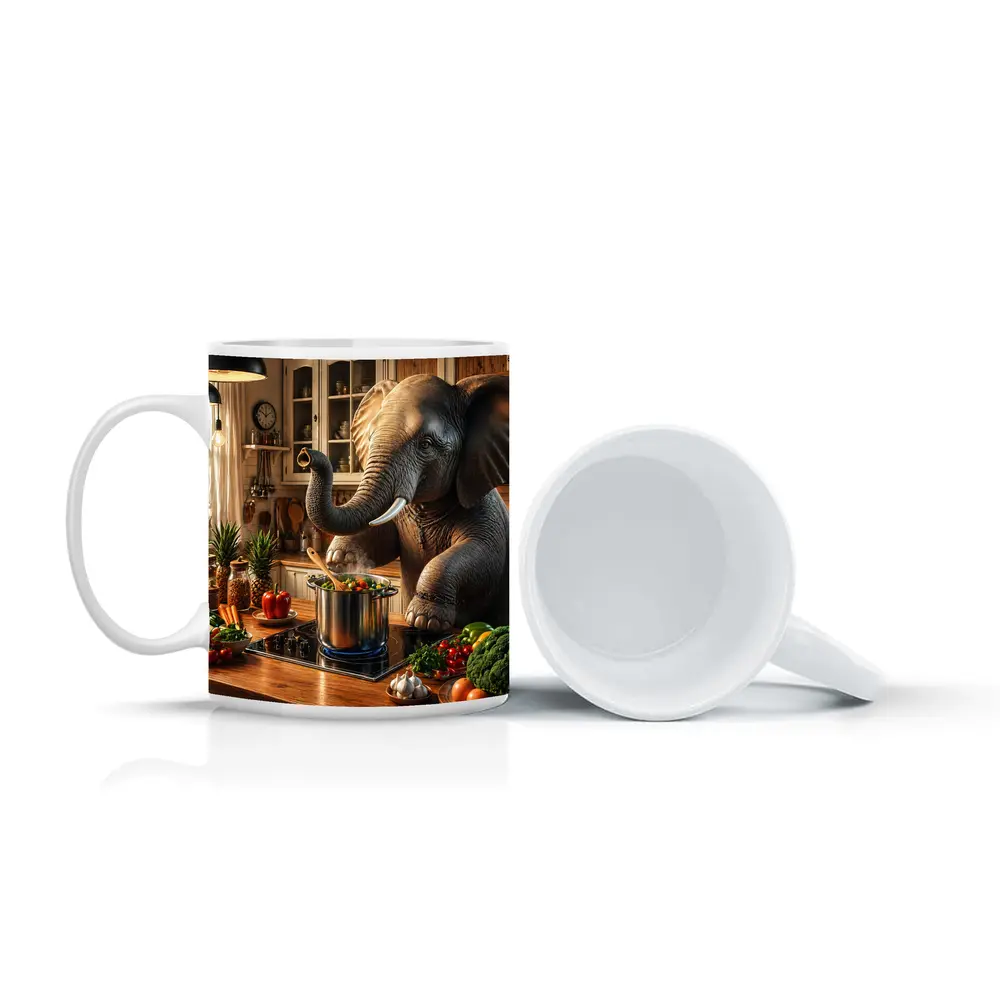 Elephant Cooking Vegetables in Cozy Kitchen – Mugs