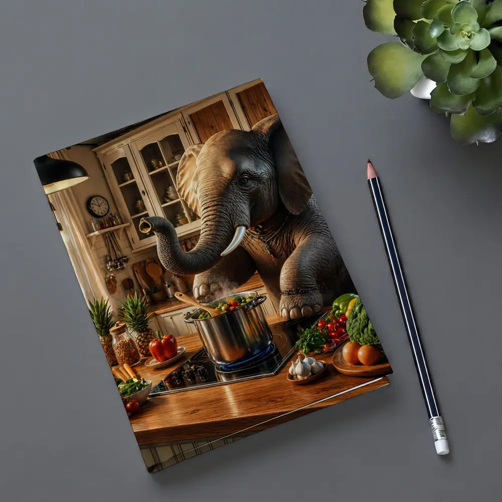 Elephant Cooking Vegetables in Cozy Kitchen – Notebooks