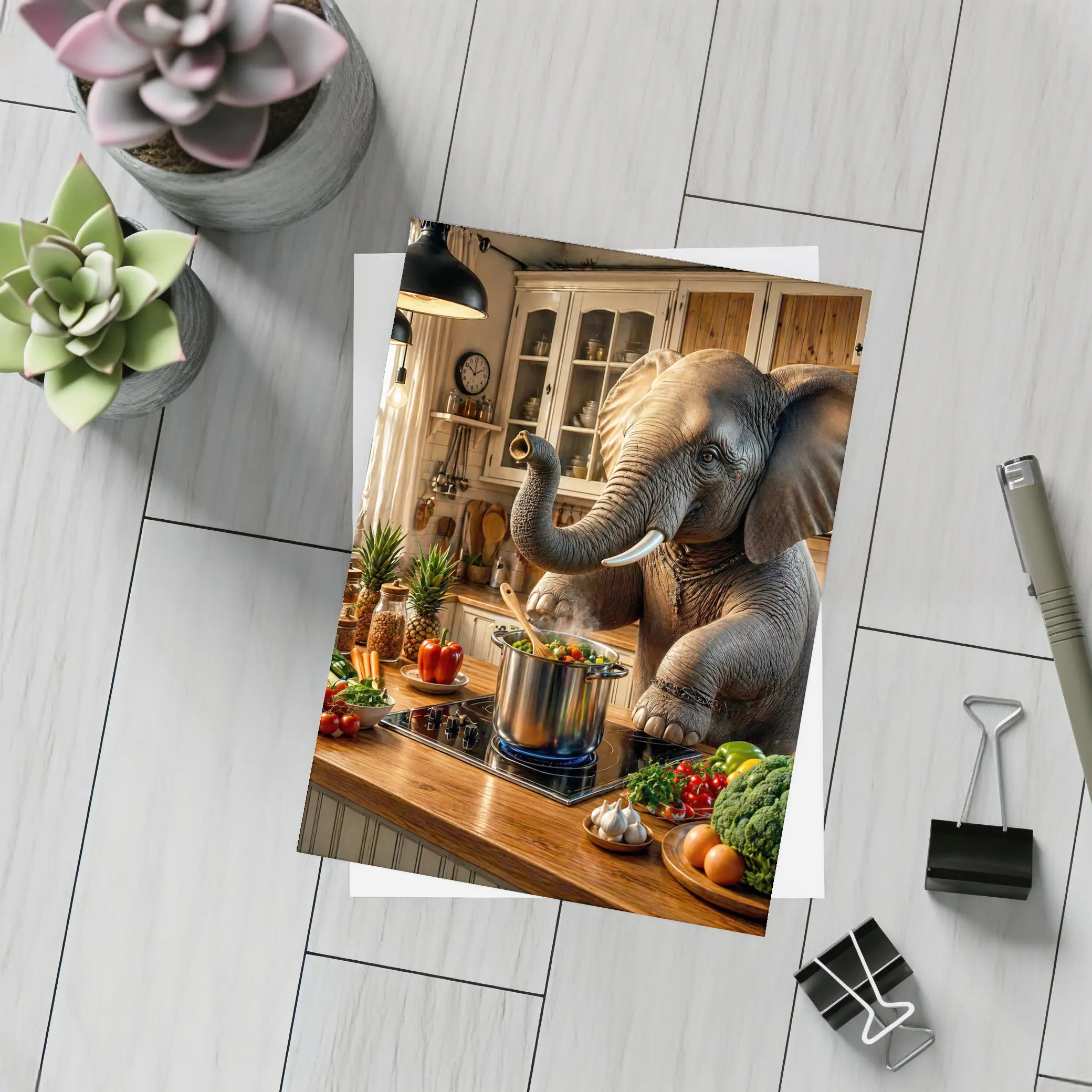 Elephant Cooking Vegetables in Cozy Kitchen – Postcards
