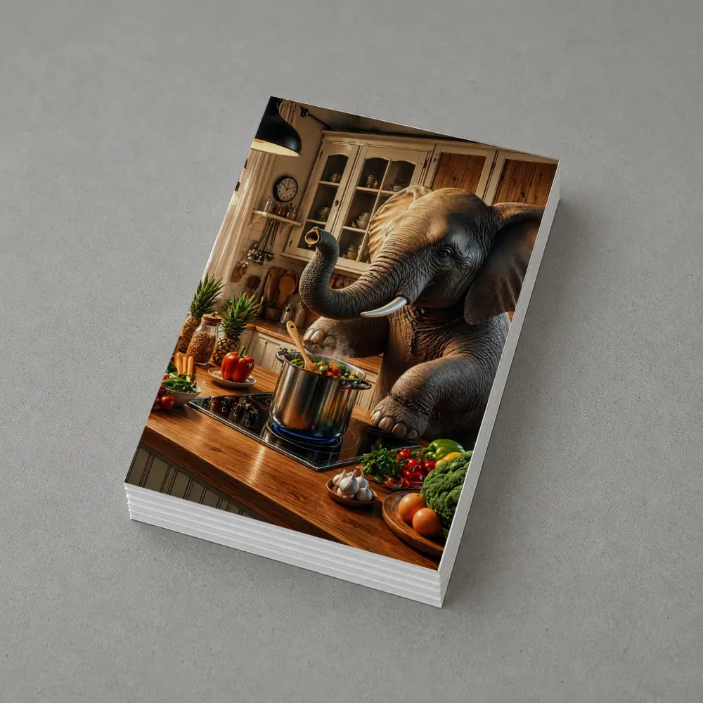 Elephant Cooking Vegetables in Cozy Kitchen – Postcards