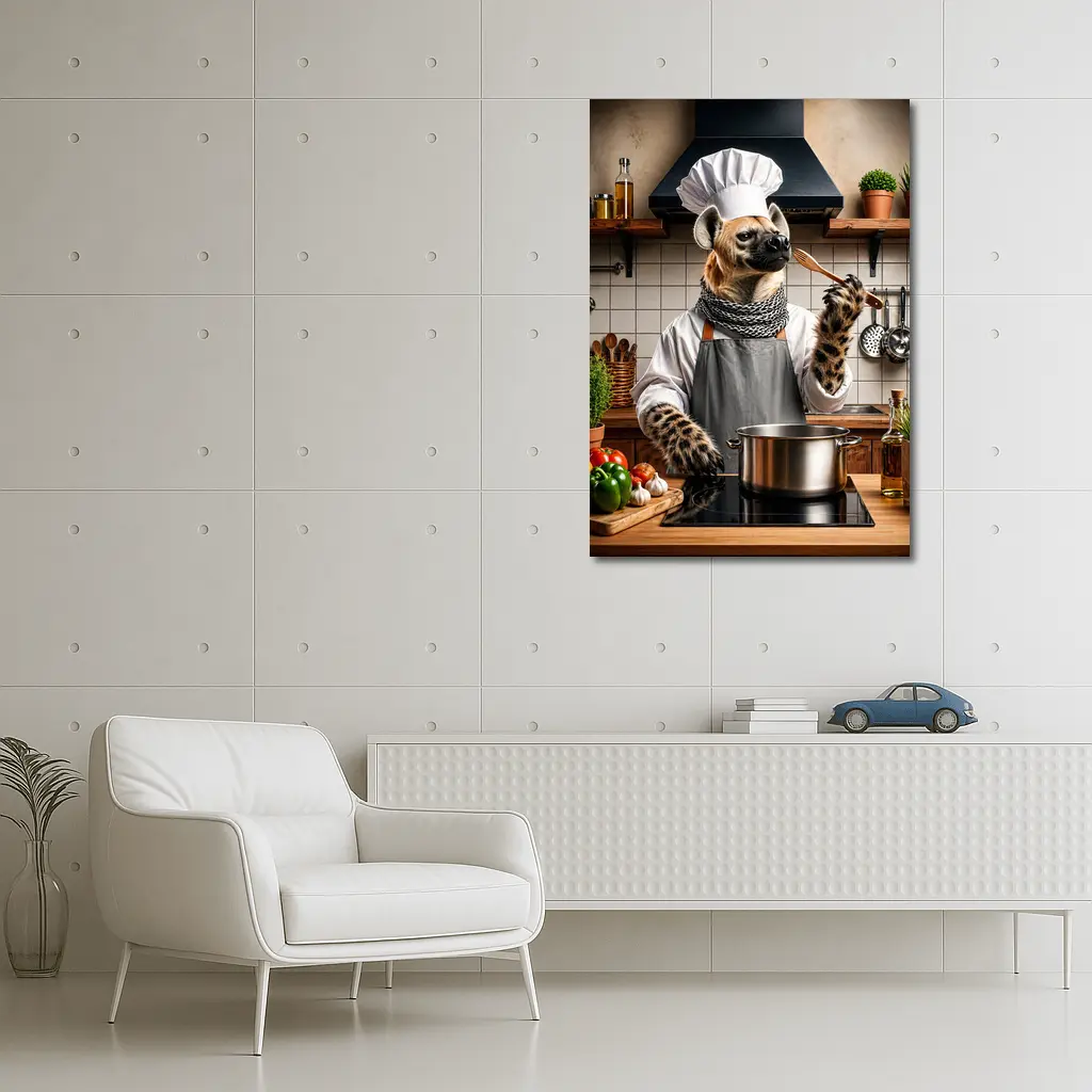 Hyena Chef Cooking in Rustic Kitchen – Wall Art