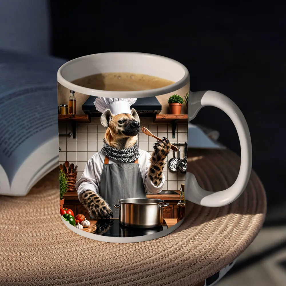 Hyena Chef Cooking in Rustic Kitchen – Mugs