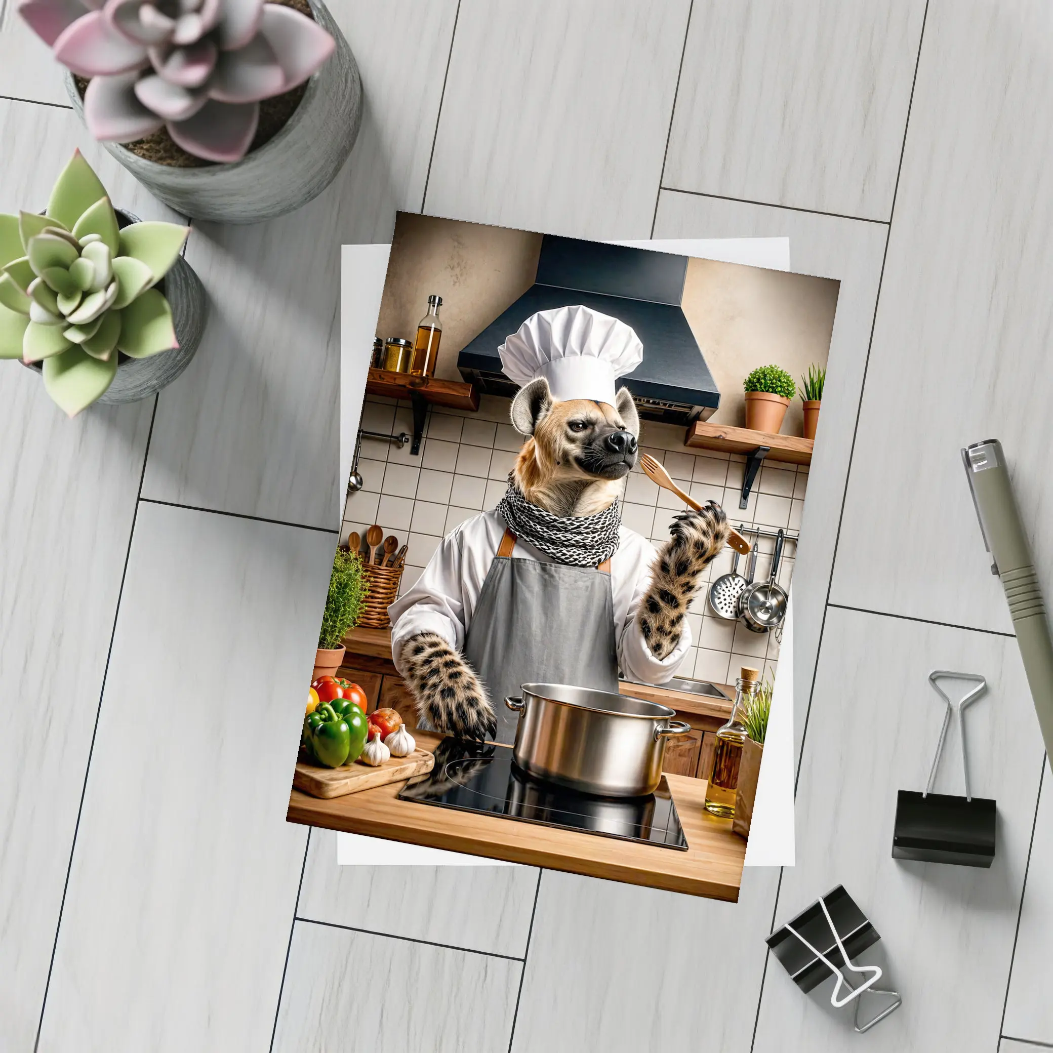 Hyena Chef Cooking in Rustic Kitchen – Postcards