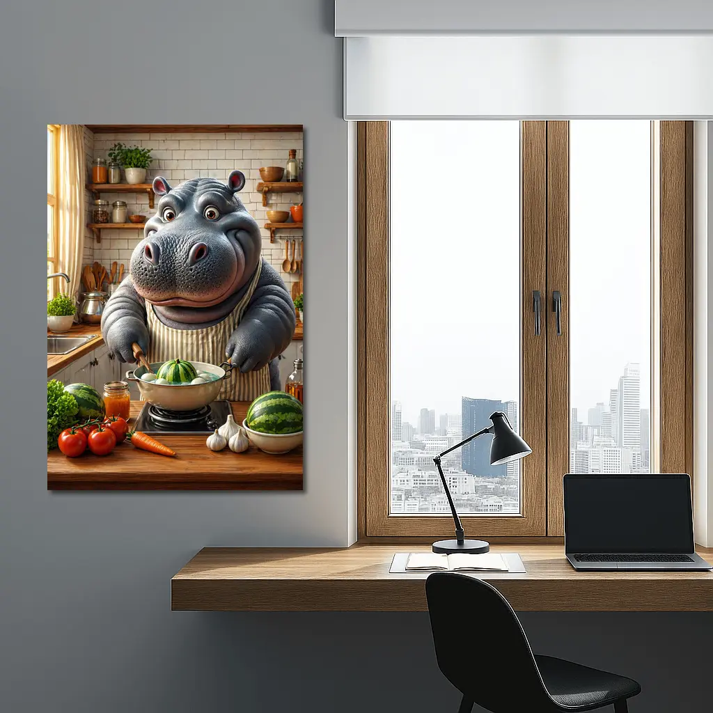 Hippo Chef Cooking in Cozy Kitchen – Wall Art