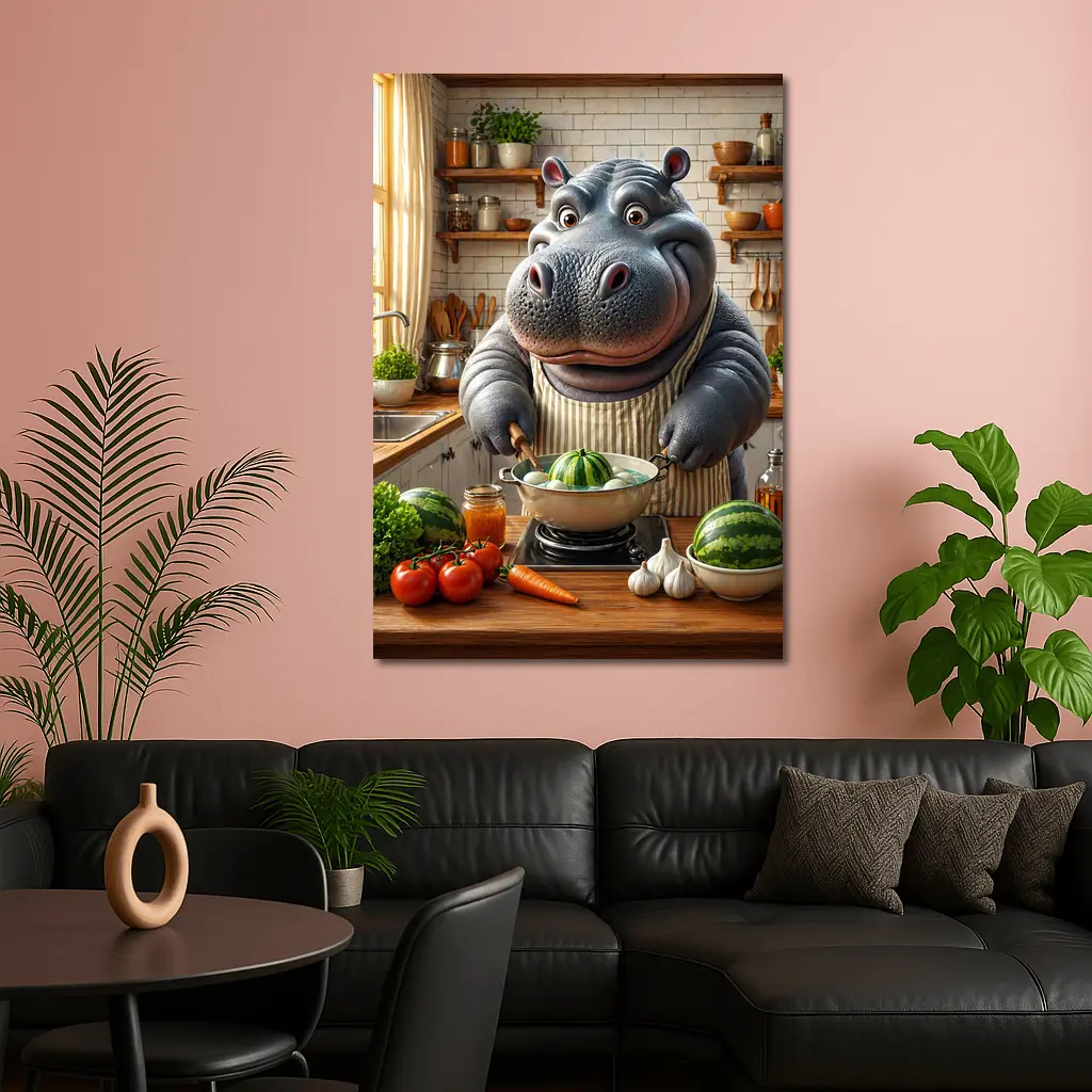 Hippo Chef Cooking in Cozy Kitchen – Wall Art