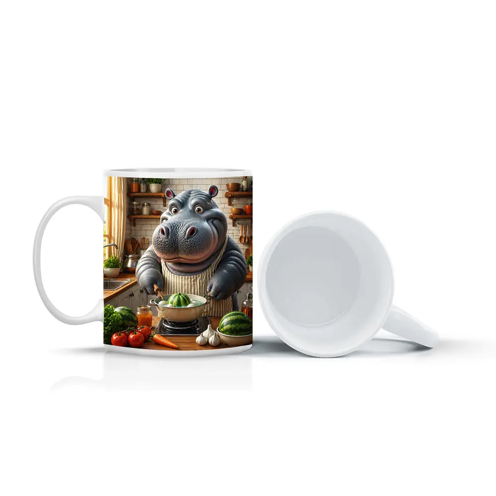 Hippo Chef Cooking in Cozy Kitchen – Mugs