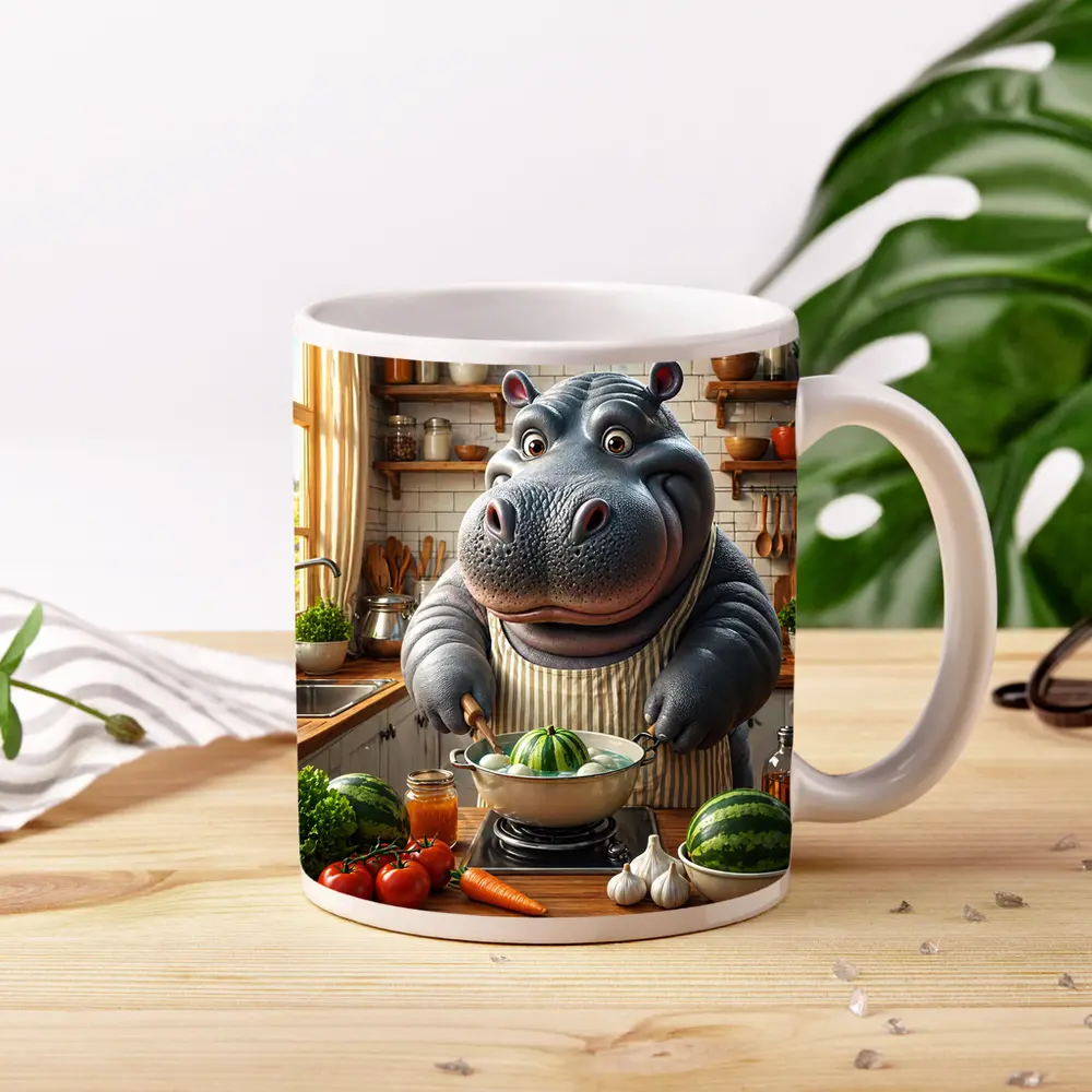 Hippo Chef Cooking in Cozy Kitchen – Mugs